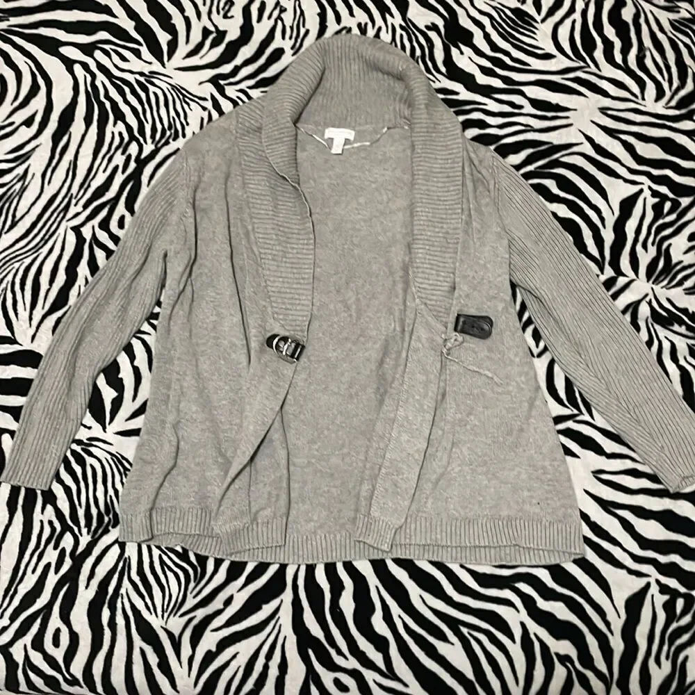 Charter club grey long sleeved faux leather buckle cardigan size 1x